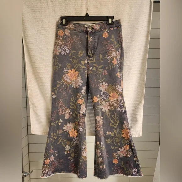 Free People Floral Flare Jeans - Gray and Pink - Picture 1 of 6